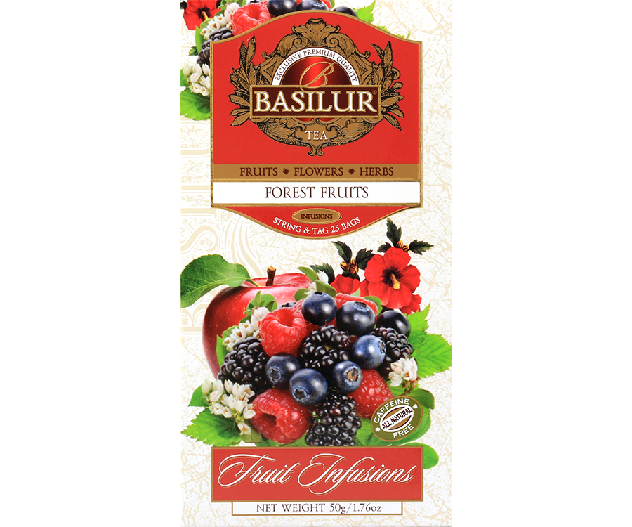 Basilur Forest Fruit - owocowa herbata bezkofeinowa z dodatkiem hibiskusa, pomarańczy, liści stewii, jabłka oraz aromatu truskawki, maliny i cytryny. Ozdobne opakowanie z owocowym motywem.