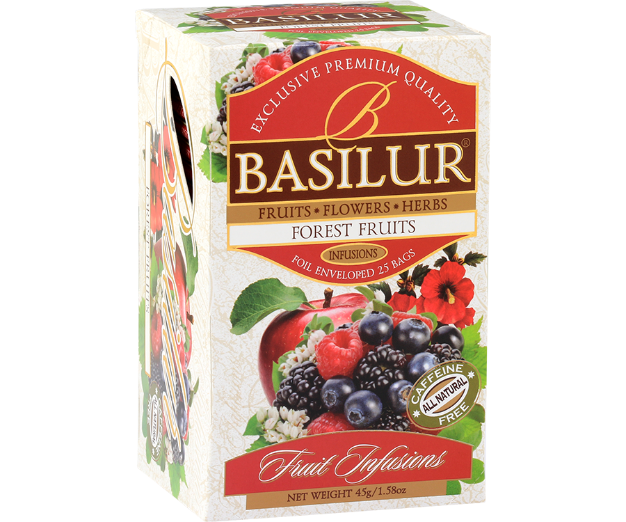 Basilur Forest Fruits - owocowa herbata bezkofeinowa z dodatkiem dzikiej róży, hibiskusa, granatu, pomarańczy oraz aromatu truskawki, marakui i cytryny. Ozdobne opakowanie z owocowym motywem.