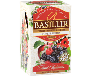 Basilur Forest Fruits - owocowa herbata bezkofeinowa z dodatkiem dzikiej róży, hibiskusa, granatu, pomarańczy oraz aromatu truskawki, marakui i cytryny. Ozdobne opakowanie z owocowym motywem.