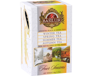 Basilur Four Seasons Assorted - zestaw 4 smaków herbat z kolekcji Four Seasons w ozdobnym pudełku z motywem pór roku.
