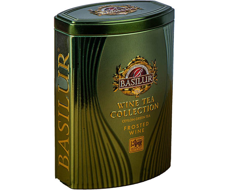 Basilur Frosted Wine - zielona herbata cejlońska z dodatkiem moreli, skórki pomarańczy oraz aromatu wina lodowego. Ozdobne opakowanie w formie metalowej puszki w kolorze zielonym.