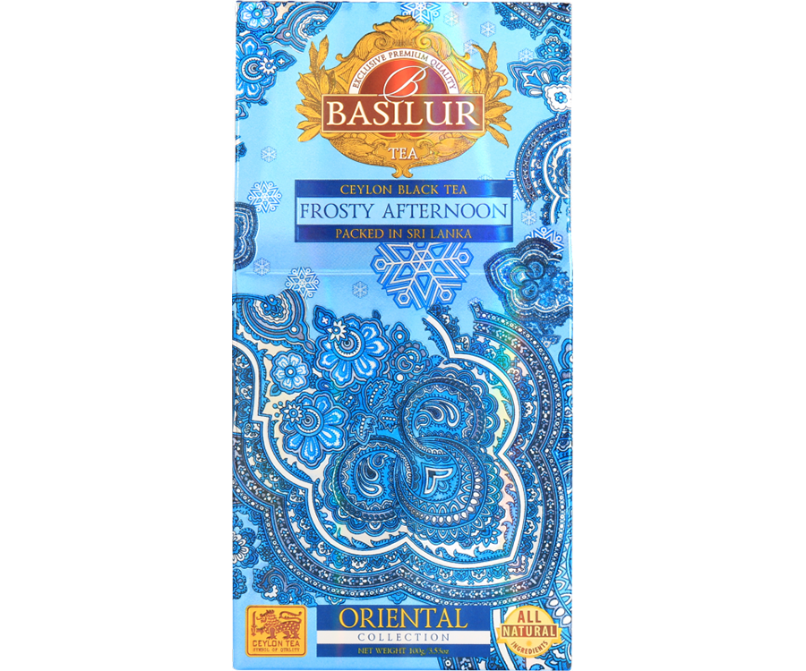 Basilur Frosty Afternoon - liście czarnej herbaty cejlońskiej z białym i niebieskim chabrem oraz naturalnym aromatem marakui i pomarańczy.