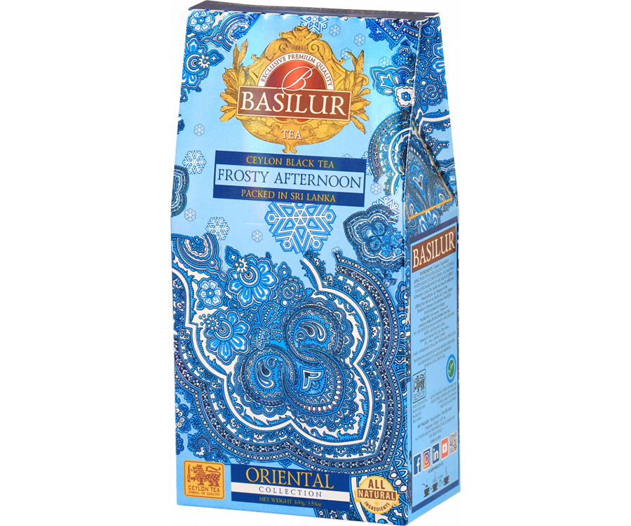 Basilur Frosty Afternoon - czarna herbata cejlońska z dodatkiem chabru oraz naturalnym aromatem marakui i pomarańczy. Niebieskie pudełko z orientalnym motywem.