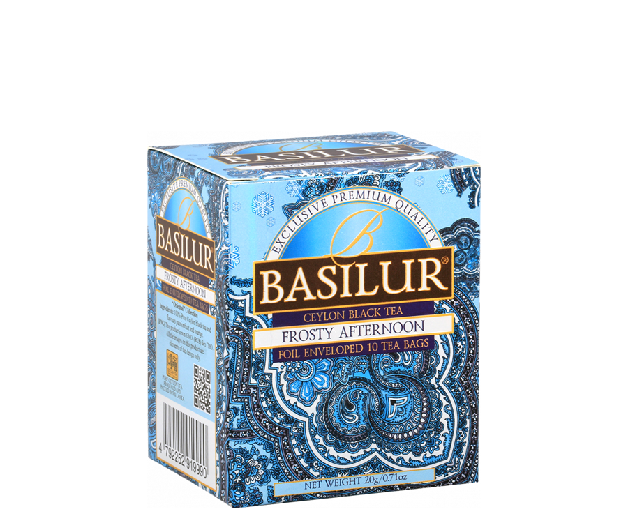 Basilur Frosty Afternoon - czarna herbata cejlońska z naturalnym aromatem marakui i pomarańczy w torebce. Ozdobne, niebieskie pudełko z orientalnym motywem.