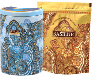 Basilur Frosty Afternoon - czarna herbata cejlońska z dodatkiem chabru oraz aromatu marakui i pomarańczy. Opakowanie w formie puszki z orientalnym motywem.