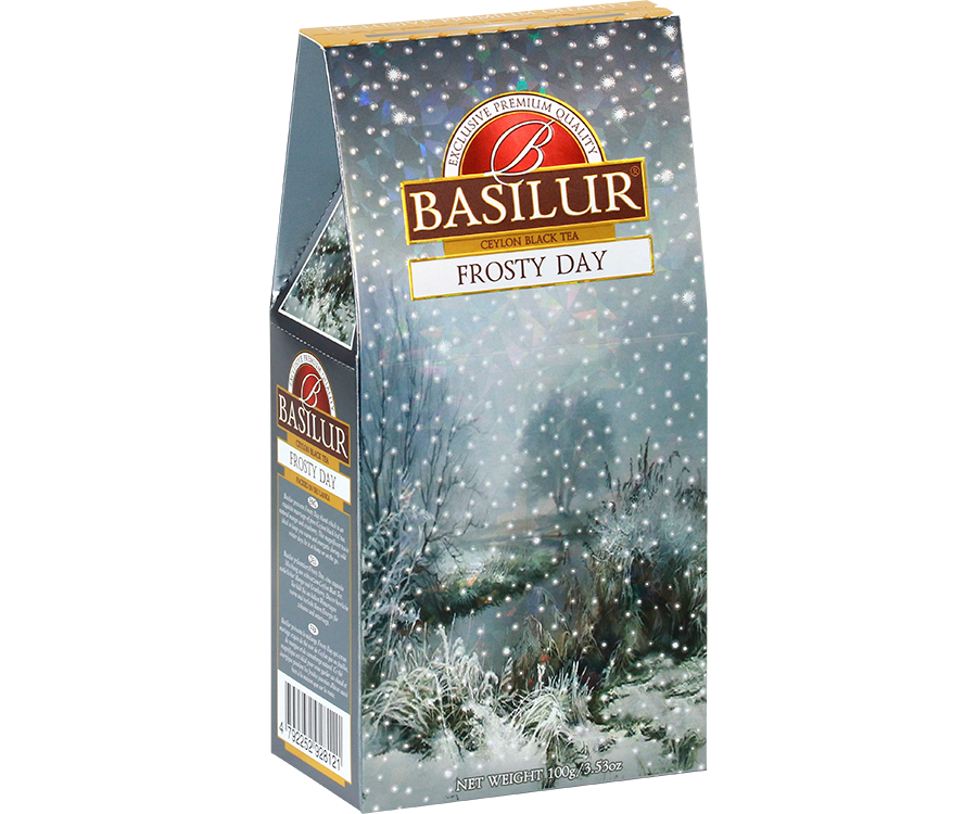 Basilur Frosty Day - czarna herbata cejlońska z dodatkiem owoców mango, białego chabru oraz aromatu żurawiny. Piękne opakowanie z zimowym pejzażem.