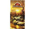 Basilur Frosty Evening - czarna herbata cejlońska z dodatkiem owoców moreli, skórki pomarańczy, kwiatów nagietka oraz aromatem pomarańczy i mandarynki. Piękne opakowanie z zimowym pejzażem.