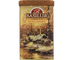 Basilur Frosty Evening - czarna herbata cejlońska z dodatkiem owoców moreli, skórki pomarańczy, kwiatów nagietka oraz aromatem pomarańczy i mandarynki. Piękne opakowanie w formie metalowej puszki z zimowym pejzażem.