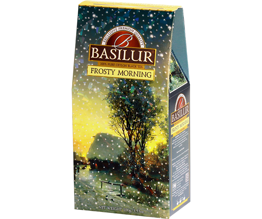 Basilur Frosty Morning - czarna herbata skomponowana ze starannie wyselekcjonowanych dużych listków Orange Pekoe bez dodatków. Piękne opakowanie z zimowym pejzażem. 