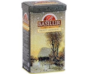 Basilur Frosty Morning - czarna herbata skomponowana ze starannie wyselekcjonowanych dużych listków Orange Pekoe bez dodatków. Piękne opakowanie w formie puszki z zimowym pejzażem. 