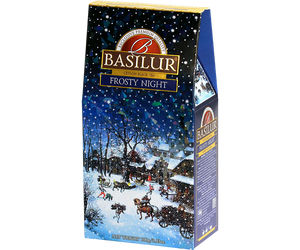 Basilur Frosty Night - czarna herbata cejlońska skomponowana ze starannie wyselekcjonowanych listków Broken Orange Pekoe z dodatkiem berberysu, dzikiej róży, chabru, krokosza barwierskiego oraz aromatu wanilii i migdałów. Piękne opakowanie z zimowym pejzażem