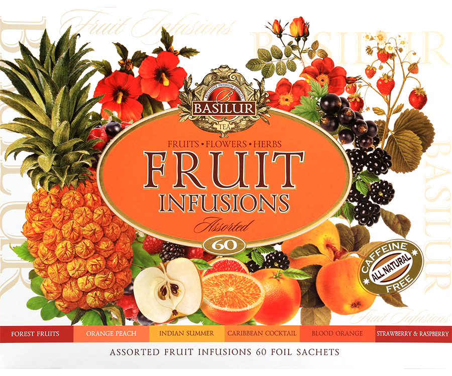 Basilur Fruit Infusion Assorted – zestaw 6 smaków naparów owocowych bez kofeiny z kolekcji Fruit Infusions. Ozdobne opakowanie z owocowym motywem.