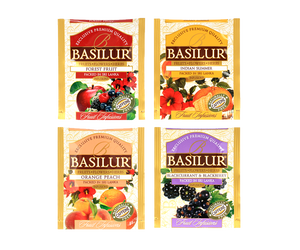 Basilur Infusion Vol. I Assorted – zestaw 4 smaków naparów owocowych bez kofeiny z kolekcji Fruit Infusions. Ozdobne opakowanie z owocowym motywem.