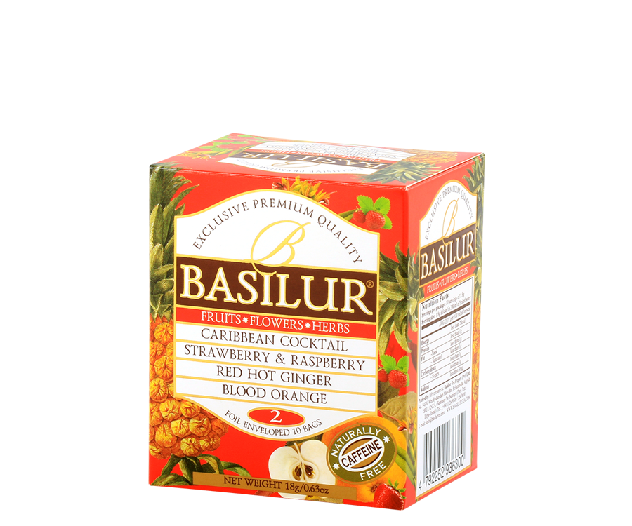 Basilur Infusion Vol. II Assorted – zestaw 4 smaków naparów owocowych bez kofeiny z kolekcji Fruit Infusions. Ozdobne opakowanie z owocowym motywem.