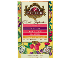 Basilur Fuit Infusions Assorted Vol. III - zestaw 5 smaków bezkofeinowych herbat owocowych w ekspresowych torebkach. Żółte opakowanie z motywem owoców.
