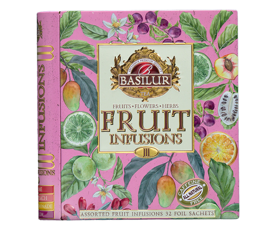 Basilur Fruit Infusions Assorted Vol. III – zestaw bezkofeinowych i owocowych herbat w ekspresowych torebkach. Prezentowa puszka w kształcie książki.