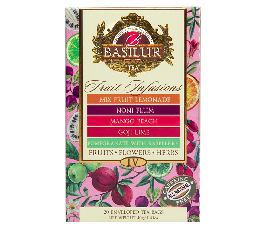 Basilur Fuit Infusions Assorted Vol. IV - zestaw 5 smaków bezkofeinowych herbat owocowych w ekspresowych torebkach. Różowe opakowanie z motywem owoców.