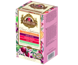Basilur Fuit Infusions Assorted Vol. IV - zestaw 5 smaków bezkofeinowych herbat owocowych w ekspresowych torebkach. Różowe opakowanie z motywem owoców.