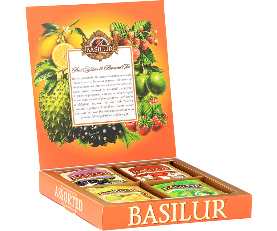 Basilur Fruit Infusions & Magic Fruits - prezentowy zestaw 4 smaków herbat w ozdobnym pudełku. Torebki herbat w kopertach.