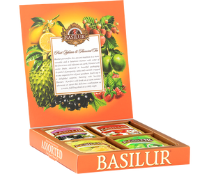Basilur Fruit Infusions & Magic Fruits - prezentowy zestaw 4 smaków herbat w ozdobnym pudełku. Torebki herbat w kopertach.