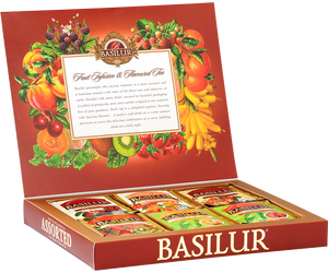 Basilur Fruit Infusions & Magic Fruits - prezentowy zestaw 6 smaków herbat w ozdobnym pudełku. Torebki herbat w kopertach.