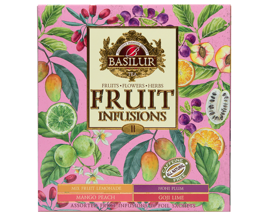 Basilur Fruit Infusions Volume II - zestaw owocowych herbat bez kofeiny z kolekcji Fruit Infusions. Kolorowa herbaciarka zawiera 4 smaki ekspresowych herbat.