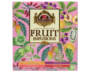 Basilur Fruit Infusions Volume II - zestaw owocowych herbat bez kofeiny z kolekcji Fruit Infusions. Kolorowa herbaciarka zawiera 4 smaki ekspresowych herbat.