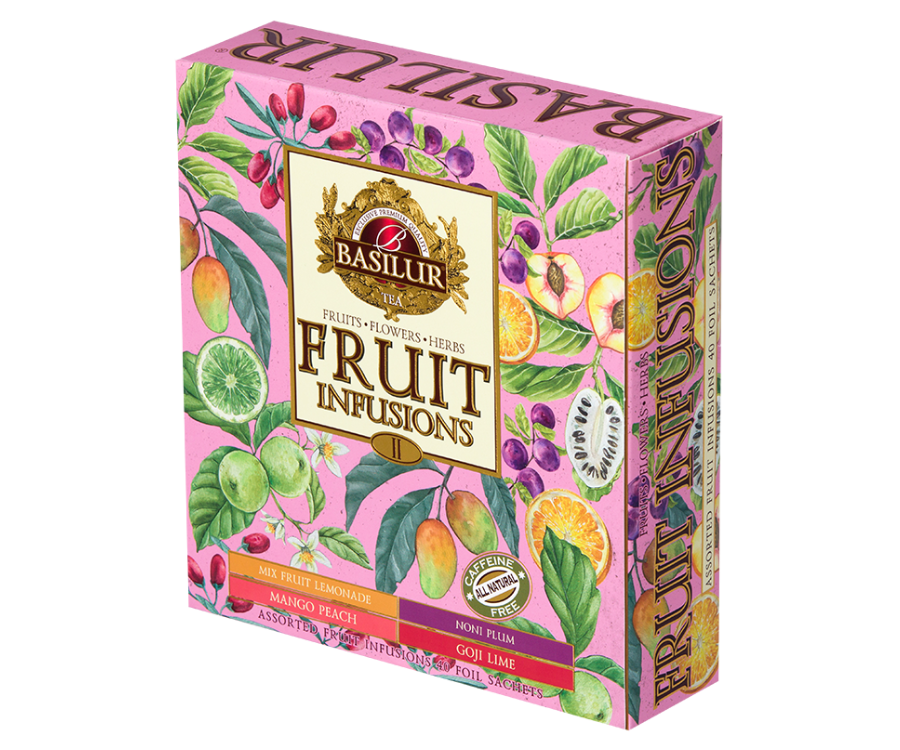 Basilur Fruit Infusions Volume II - zestaw owocowych herbat bez kofeiny z kolekcji Fruit Infusions. Kolorowa herbaciarka zawiera 4 smaki ekspresowych herbat.