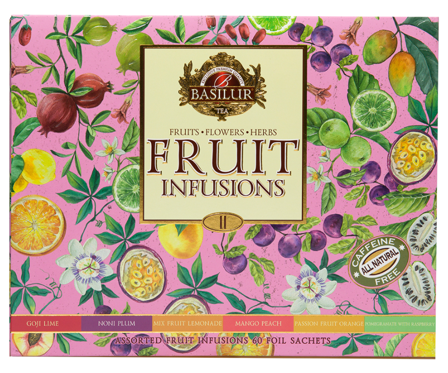 Basilur Fruit Infusions Volume II - zestaw owocowych herbat bez kofeiny z kolekcji Fruit Infusions. Kolorowa herbaciarka zawiera aż 6 smaków ekspresowych herbat.