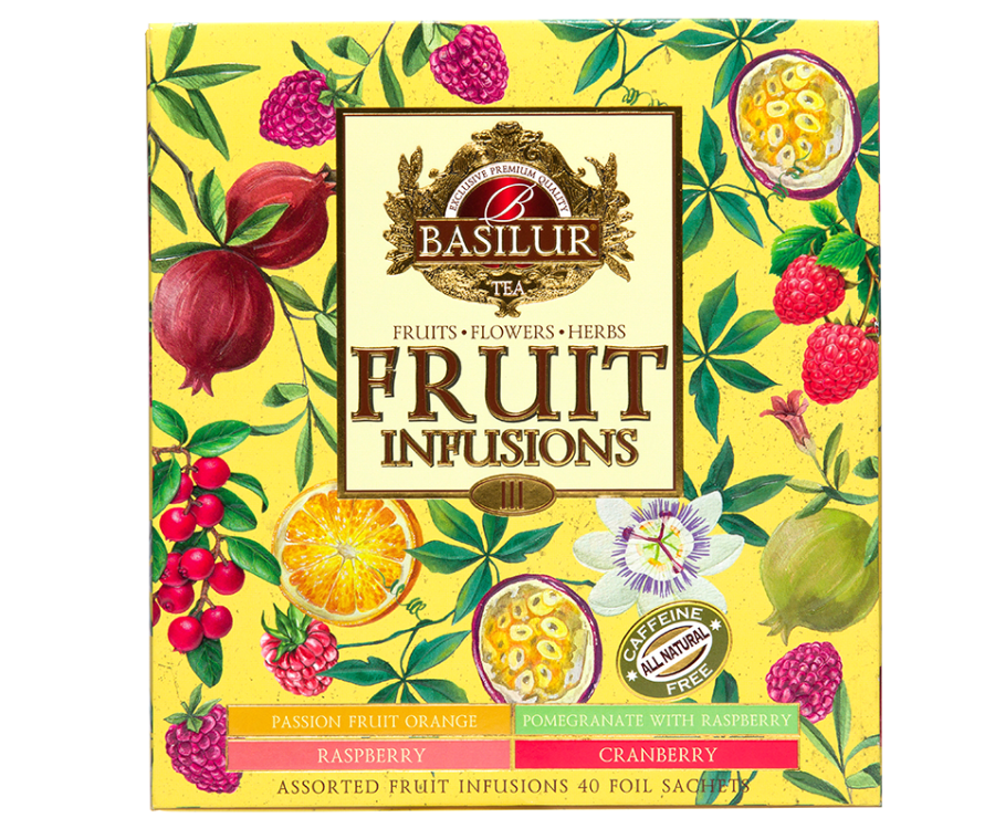 Basilur Fruit Infusions Volume III - zestaw owocowych herbat bez kofeiny z kolekcji Fruit Infusions. Kolorowa herbaciarka zawiera 4 smaki ekspresowych herbat.