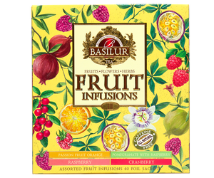 Basilur Fruit Infusions Volume III - zestaw owocowych herbat bez kofeiny z kolekcji Fruit Infusions. Kolorowa herbaciarka zawiera 4 smaki ekspresowych herbat.