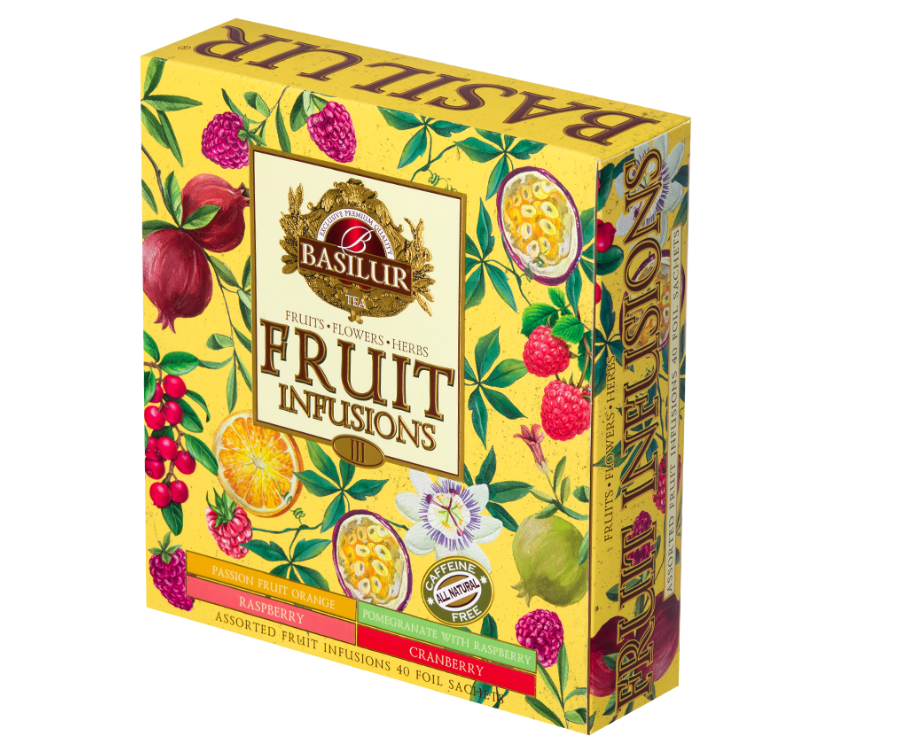 Basilur Fruit Infusions Volume III - zestaw owocowych herbat bez kofeiny z kolekcji Fruit Infusions. Kolorowa herbaciarka zawiera 4 smaki ekspresowych herbat.