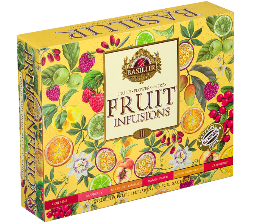 Basilur Fruit Infusions Volume III - zestaw owocowych herbat bez kofeiny z kolekcji Fruit Infusions. Kolorowa herbaciarka zawiera aż 6 smaków ekspresowych herbat.