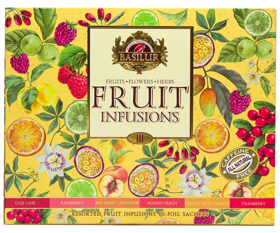 Basilur Fruit Infusions Volume III - zestaw owocowych herbat bez kofeiny z kolekcji Fruit Infusions. Kolorowa herbaciarka zawiera aż 6 smaków ekspresowych herbat.