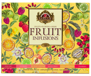 Basilur Fruit Infusions Volume III - zestaw owocowych herbat bez kofeiny z kolekcji Fruit Infusions. Kolorowa herbaciarka zawiera aż 6 smaków ekspresowych herbat.