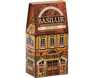 Basilur Fruit Shop - czarna herbata cejlońska z dodatkiem owoców papai, rodzynek, mango, ananasa, skórki pomarańczy oraz aromatu pomarańczy i mandarynki. Ozdobne opakowanie z grafiką domku.