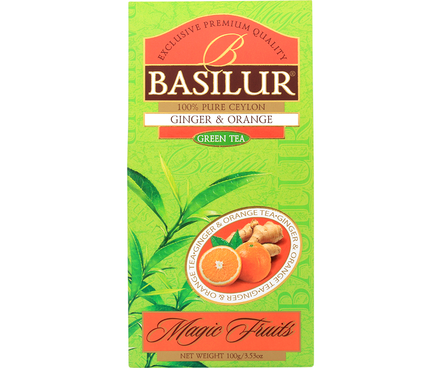 Basilur Ginger Orange - listki zielonej herbaty cejlońskiej z imbirem, skórką pomarańczy oraz aromatem pomarańczy i imbiru.