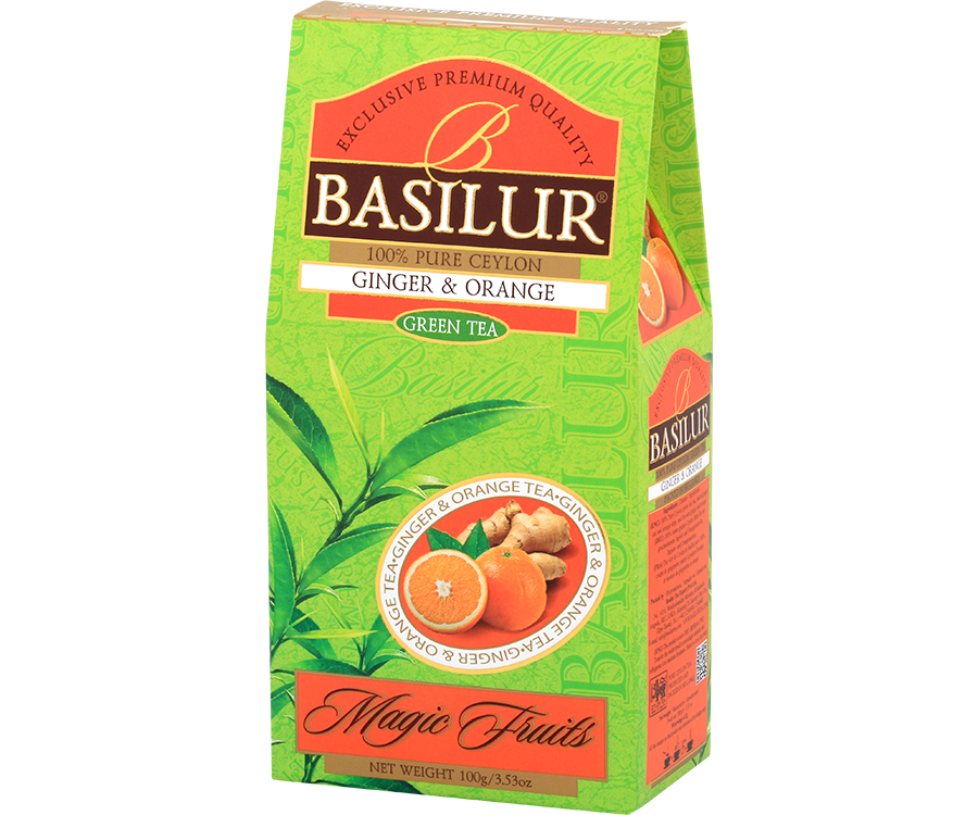 Basilur Ginger Orange - zielona liściasta herbata cejlońska z imbirem i pomarańczą. 100 gramów listków w ozdobnym, zielonym pudełku z logo Basilrur.