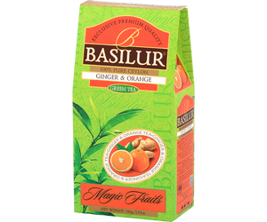 Basilur Ginger Orange - zielona liściasta herbata cejlońska z imbirem i pomarańczą. 100 gramów listków w ozdobnym, zielonym pudełku z logo Basilrur.