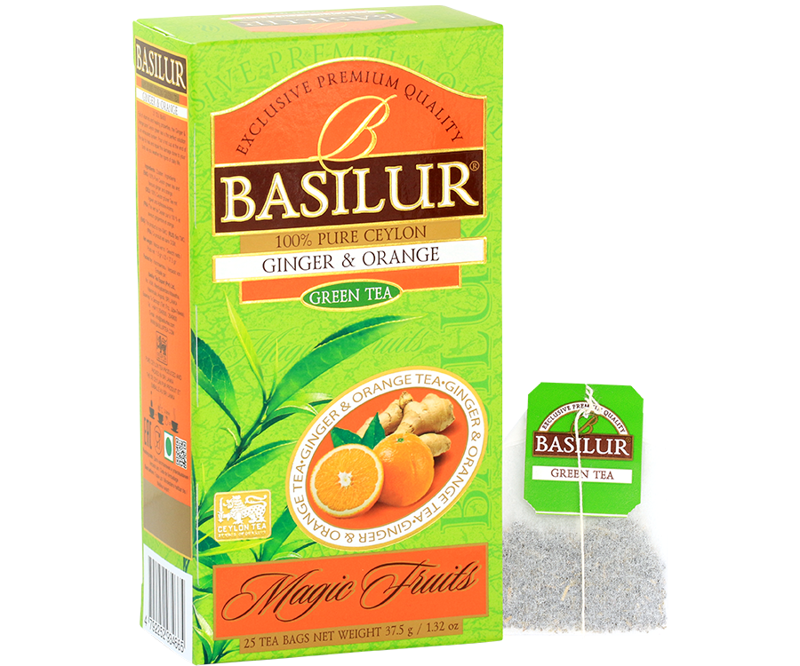 Basilur Ginger & Orange - zielona herbata cejlońska z dodatkiem aromatu imbiru i pomarańczy. 25 biodegradowalnych torebek w ozdobnym zielonym pudełku z logo Basilur.
