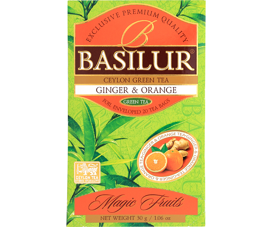 Basilur Ginger Orange - zielona herbata cejlońska z aromatem imbiru i pomarańczy w ozdobnej, zielonej kopercie z logo Basilur.