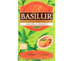 Basilur Ginger Orange - zielona herbata cejlońska z aromatem imbiru i pomarańczy w ozdobnej, zielonej kopercie z logo Basilur.