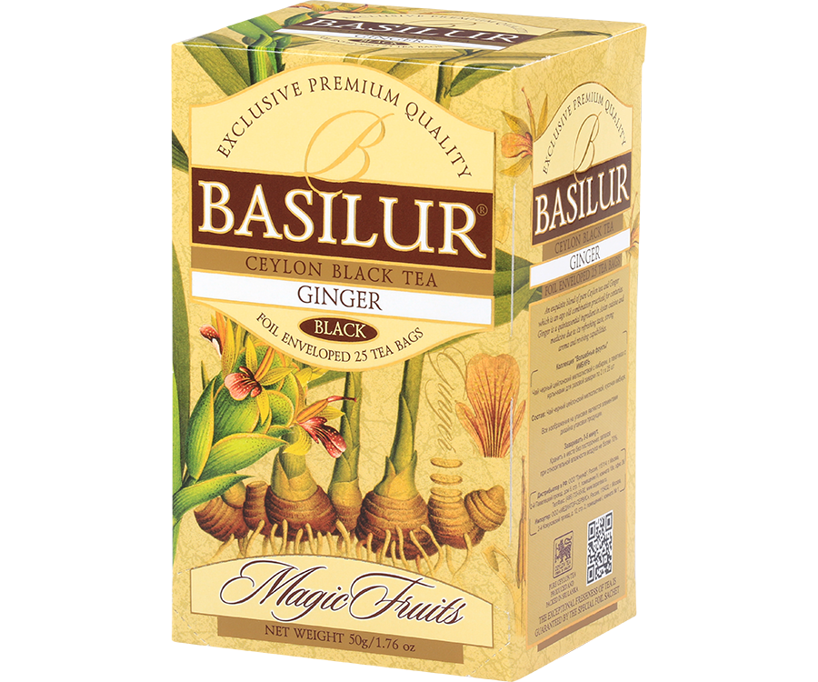 Basilur Ginger - czarna herbata cejlońska z dodatkiem imbiru. Ozdobne pudełko z grafiką imbiru.