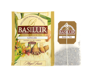 Basilur Ginger - czarna herbata cejlońska z dodatkiem imbiru. Ozdobne pudełko z grafiką imbiru.