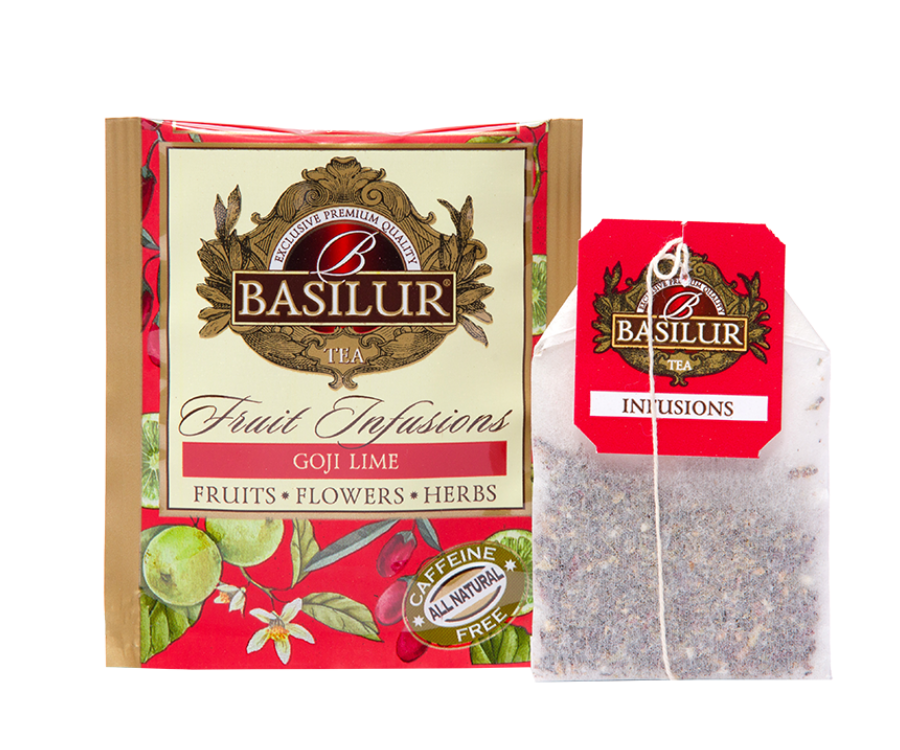 Basilur Goji Lime - herbata bezkofeinowa z goji, limonką i cytrusami zapakowana pojedynczo w ozdobne koperty. Ozdobne pudełko z owocowym motywem.