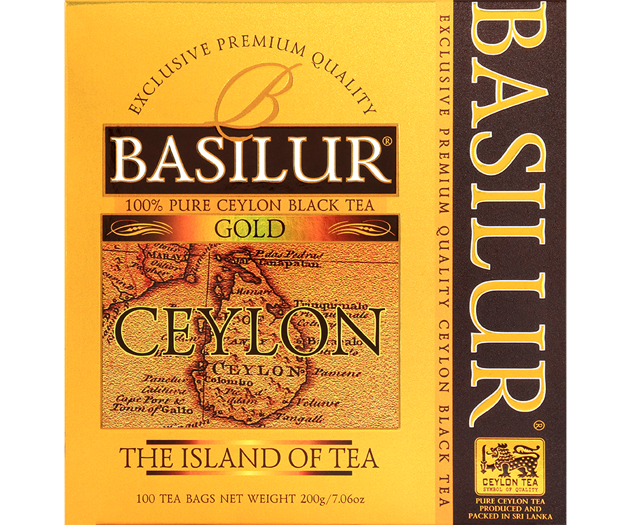 Basilur Gold - czarna herbata cejlońska skomponowana z najdelikatniejszych listków. Nie zawiera dodatków. Złoto-żółte opakowanie z grafiką mapy.