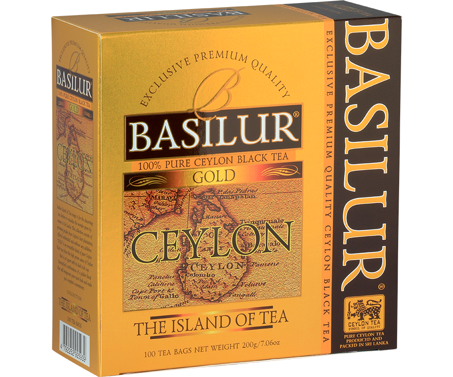 Basilur Gold - czarna herbata cejlońska skomponowana z najdelikatniejszych listków. Nie zawiera dodatków. Złoto-żółte opakowanie z grafiką mapy.