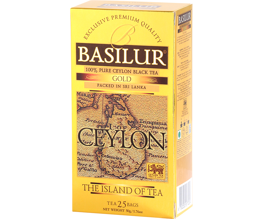 Basilur Gold - czarna herbata cejlońska skomponowana z liści najwyższej jakości bez dodatków. Ozdobne opakowanie z grafiką mapy.