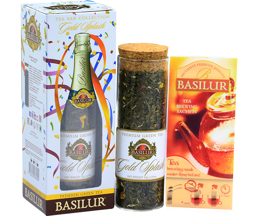 Basilur Gold Splash - zielona herbata cejlońska z dodatkiem wiśni, chabru, aksamitki oraz aromatu mięty i limonki. Ozdobne opakowanie z grafiką butelki szampana.