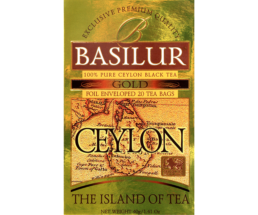 Basilur Gold - czarna herbata cejlońska skomponowana z liści najwyższej jakości bez dodatków. Ozdobne opakowanie z grafiką mapy.